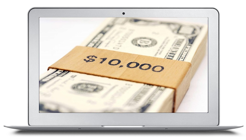 image of a laptop with screen showing a stack of dollar notes with a band around them reading 10 thousand dollars