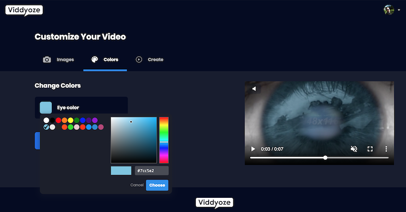 Screenshot of Viddyoze clip editor window. Shows the customisation options available for selected video clips. In this case a human eye which opens to reveal a logo