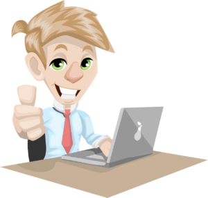 First online business - Cartoon of happy man in front of a computer giving a thumbs up as he starts his first online business
