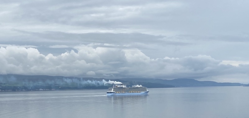 photograph of cruise ship taken from he author's office window to demonstrate the online life by the sea 